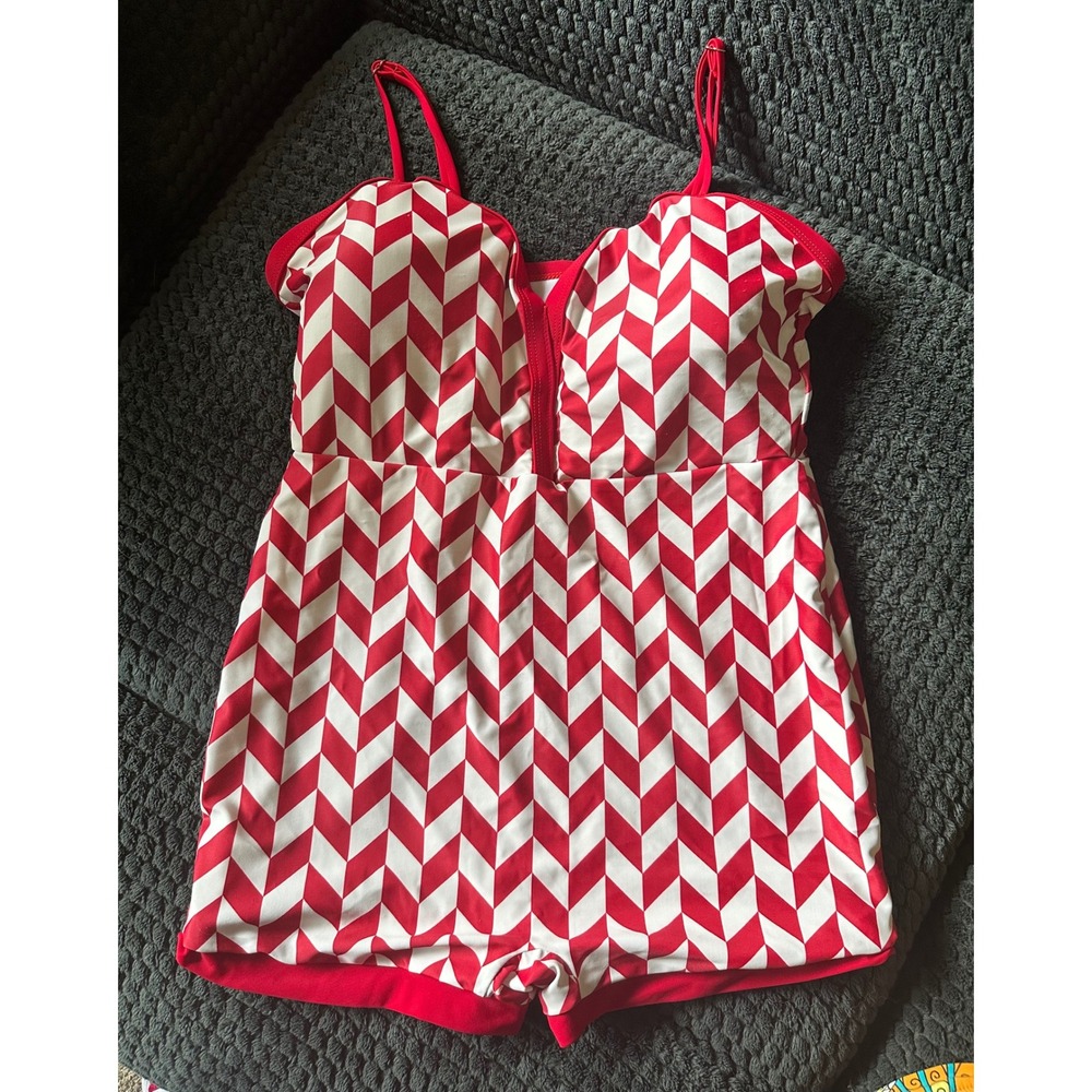 1930's Retro Stage Red White Chevron One Piece Swim Romper Vintage Style‎ Sz S